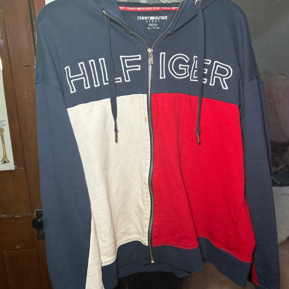 Tommy Hilfiger Men's Zip-Up Sweater in Navy, White, and Red